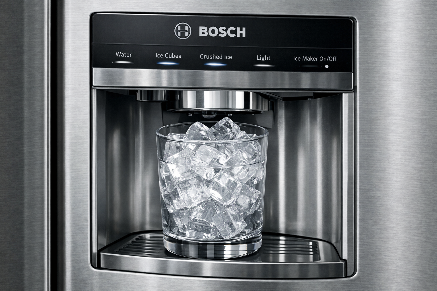 Bosch ice maker with ice cubes.